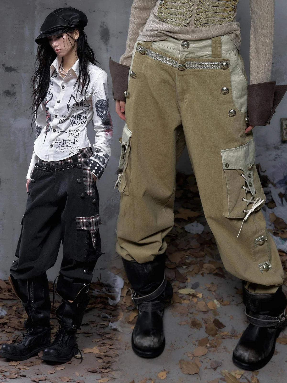 Patchwork 100 Percent Cotton Punk Style Baggy Mid Rise Women Streetwear Pants