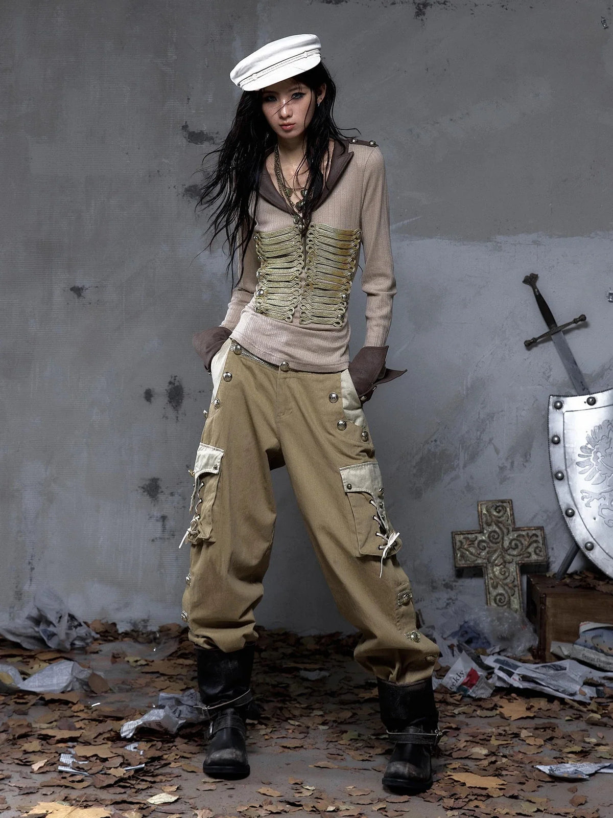 Patchwork 100 Percent Cotton Punk Style Baggy Mid Rise Women Streetwear Pants