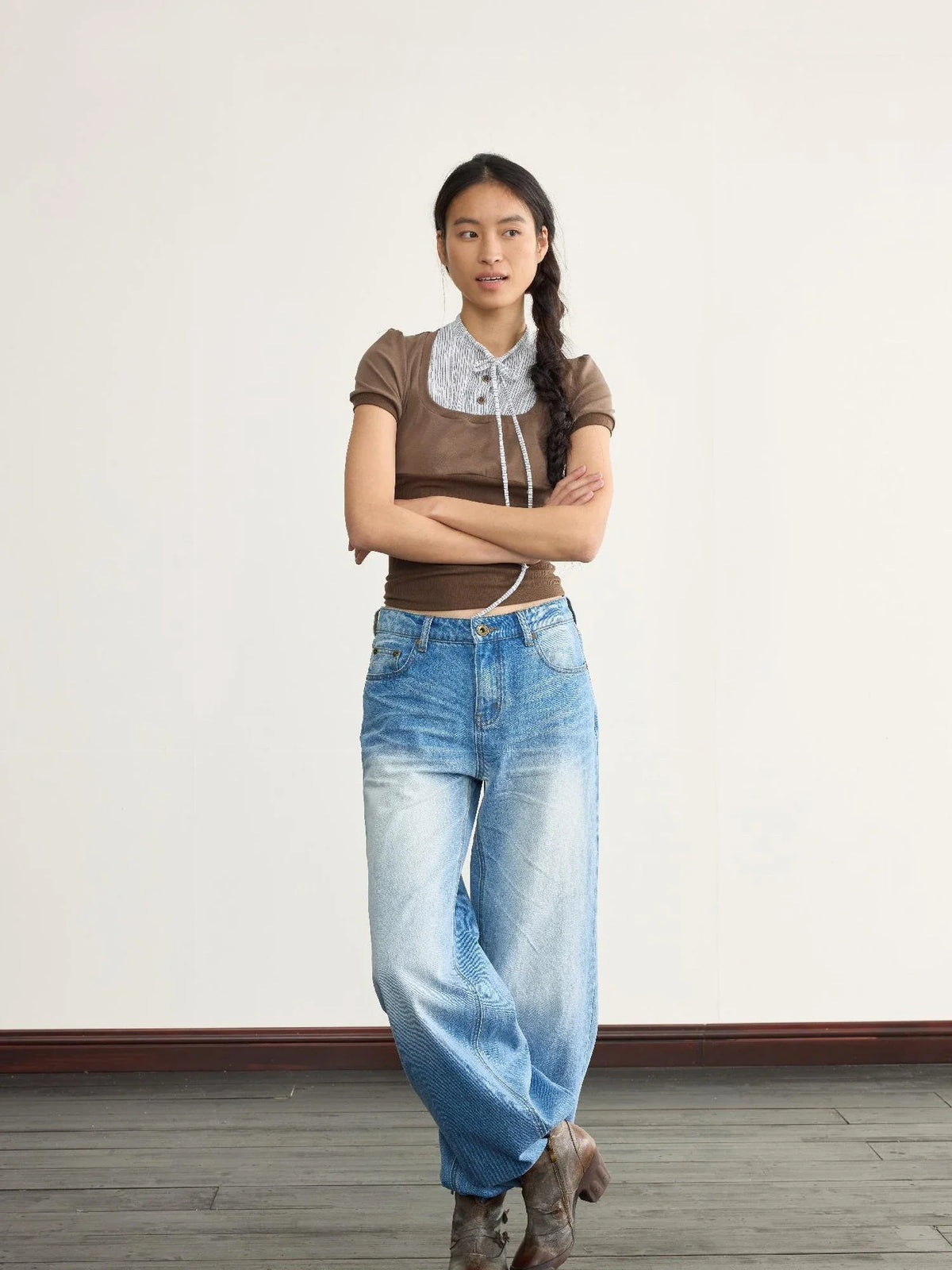 Brown Stripe Knit Spliced Layered T-Shirt
