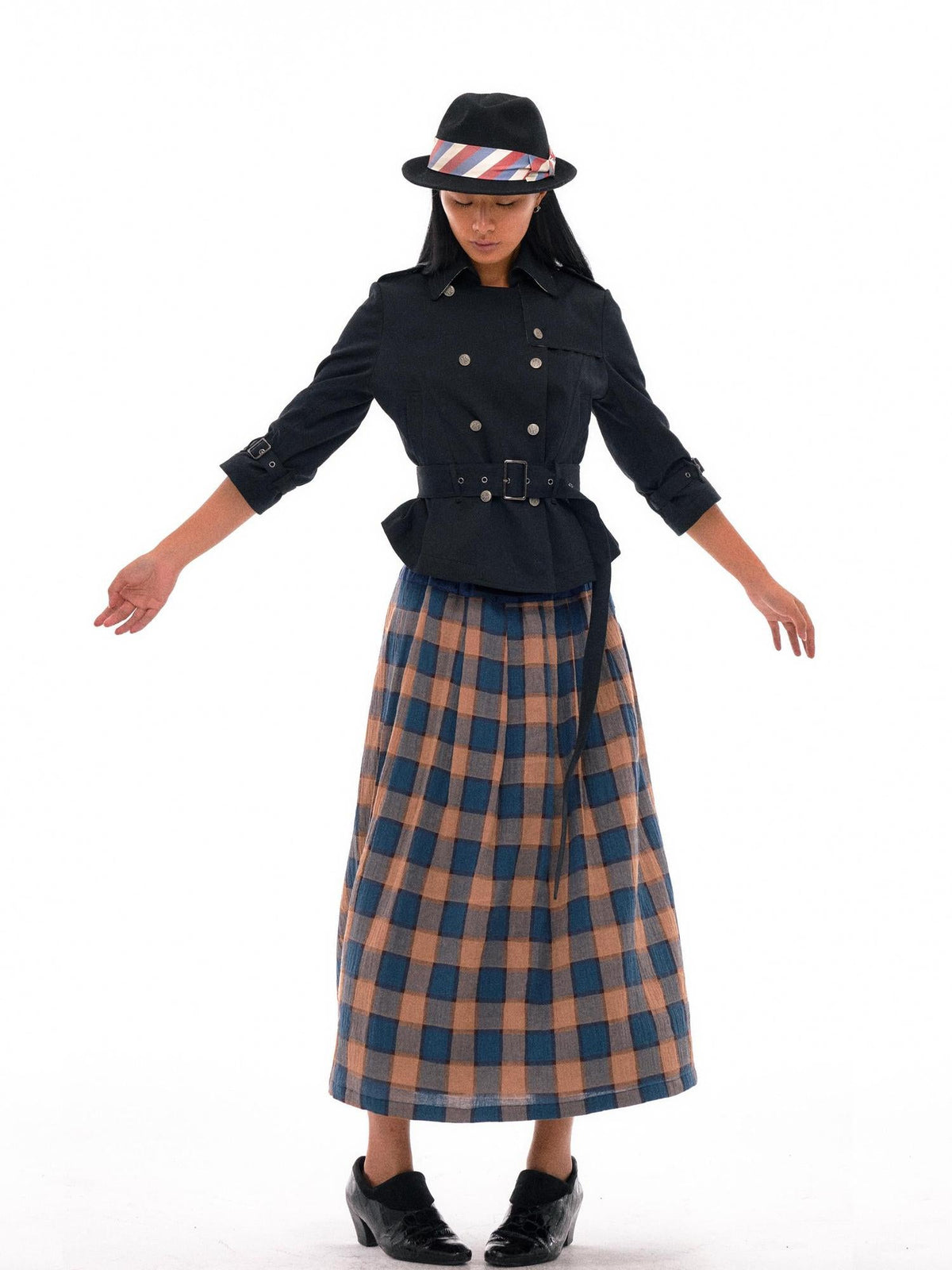 Double Breasted Trench Coat With Check Lining And Adjustable Belt