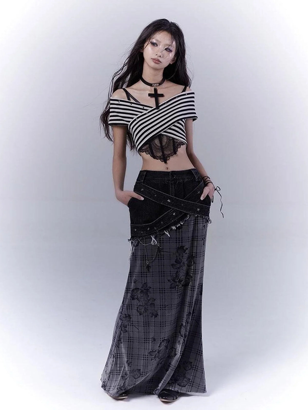 One Shoulder Grid Bandage Stripe Top