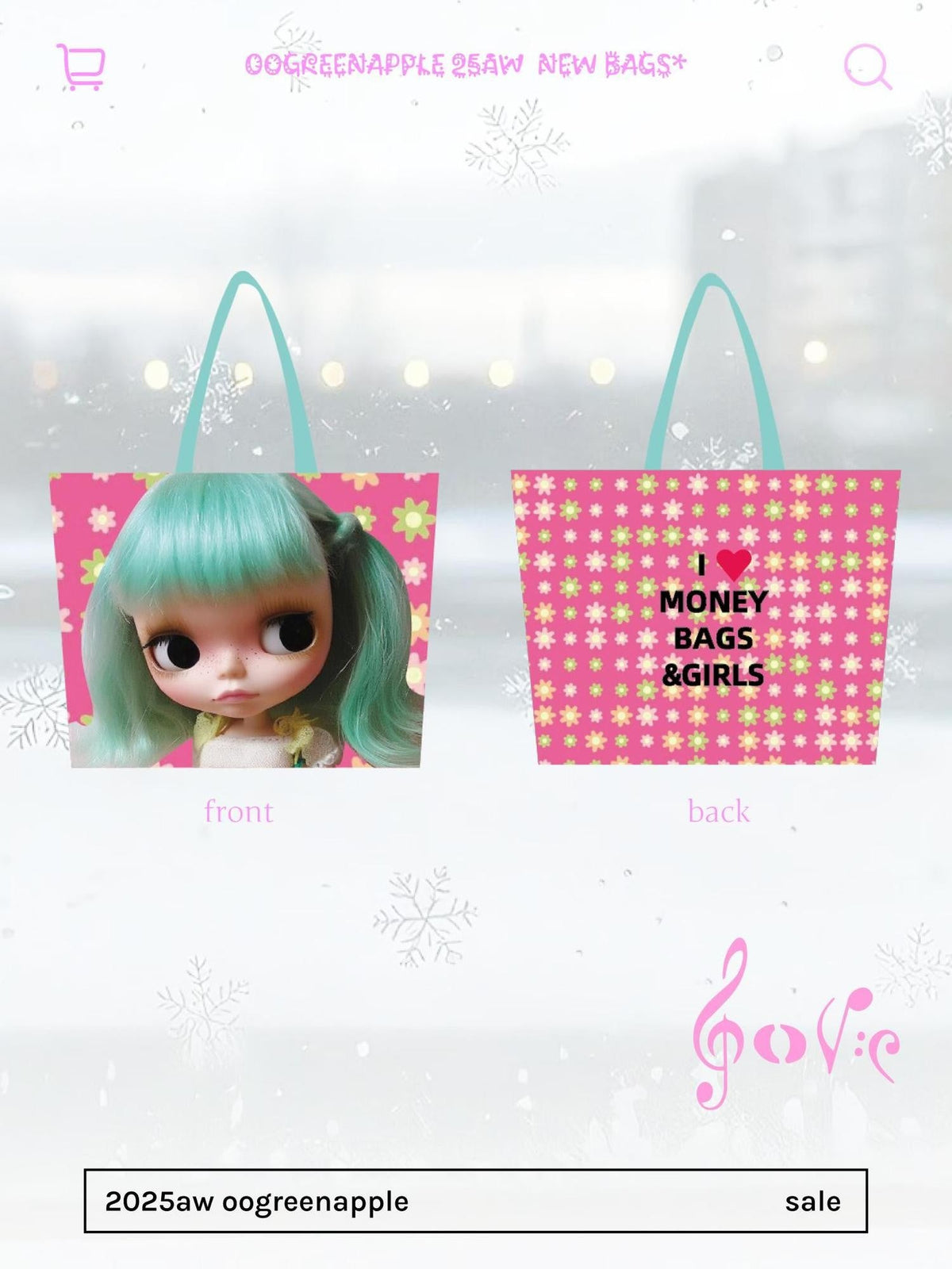 Original Green Doll Print Large Capacity Zip Square Tote Women's Handbags