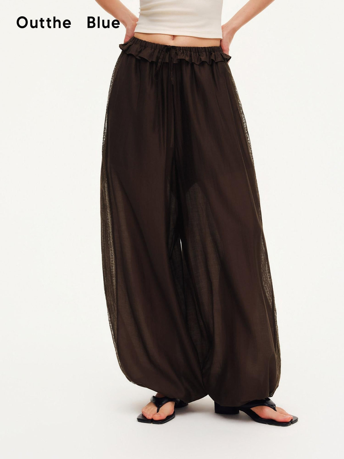 Deep Chocolate Brown Lace Cutout Ruffle Peony Pocket Women'S Lyocell Harem Pants