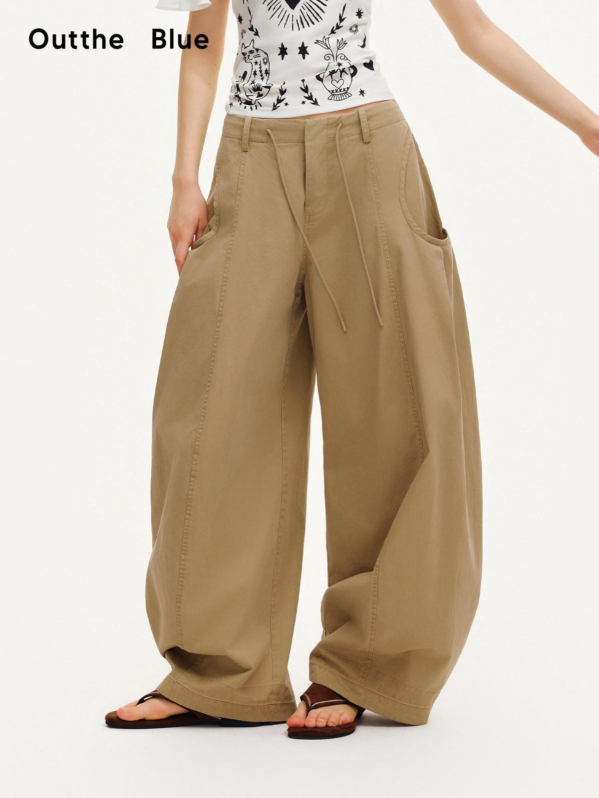 Sand Dune Large Pockets Pleated Washed Women'S Cotton Wide-Leg Pants