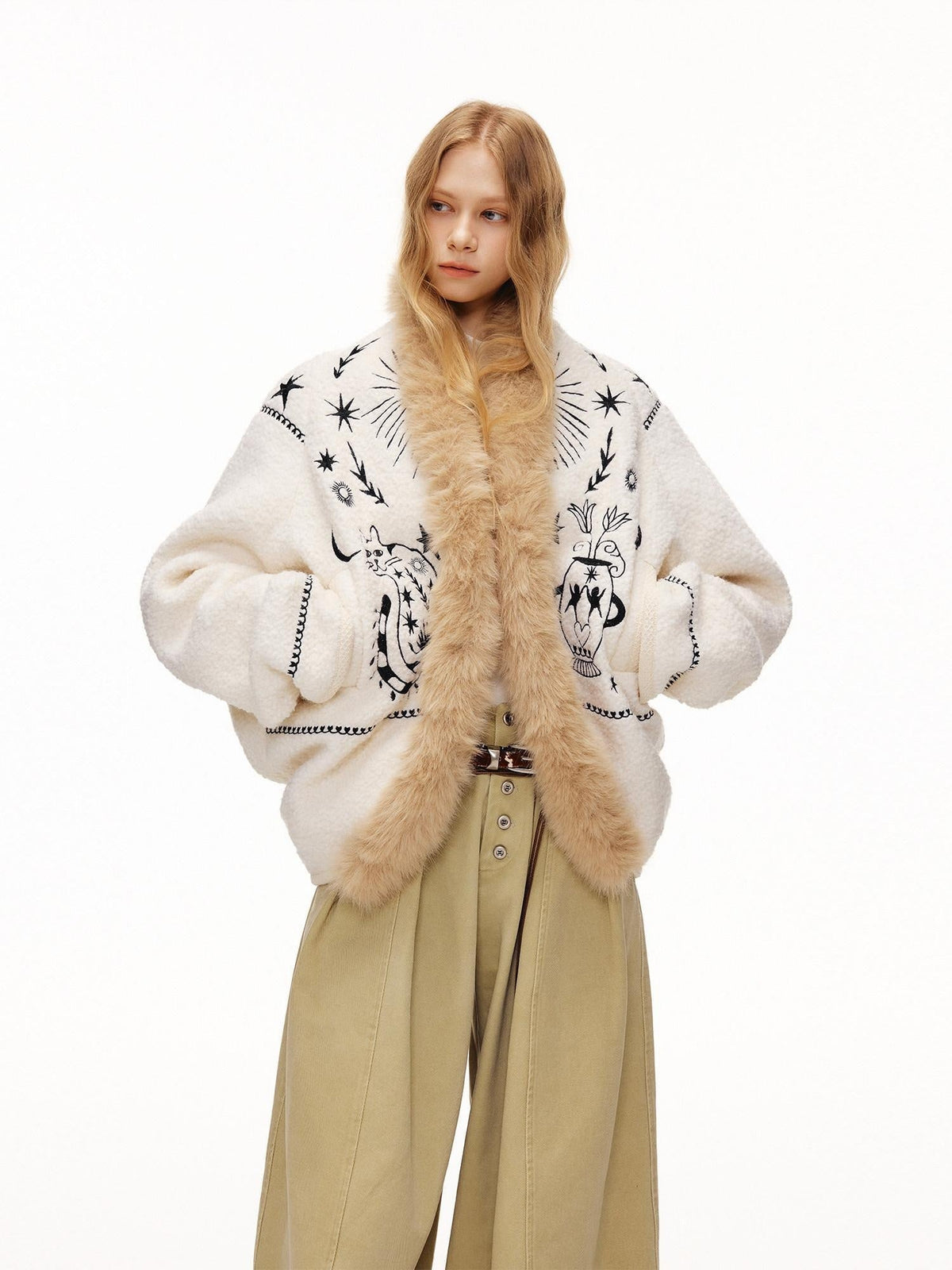 Thick Wool Blend Embroidered Commuter Loose Fit Women White Puffer Jackets