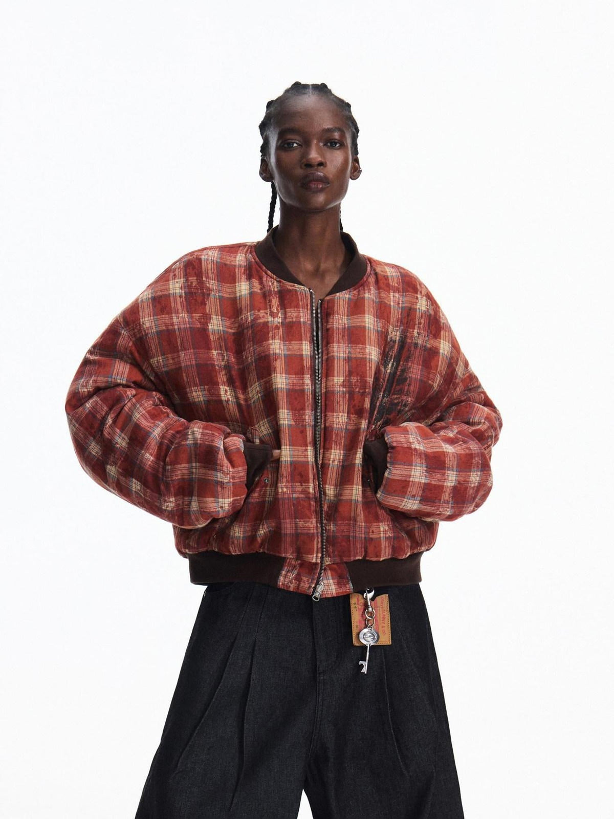 Reversible Distressed Wide Fit Unisex Commuter Plaid Pu Cotton Puffer Jacket