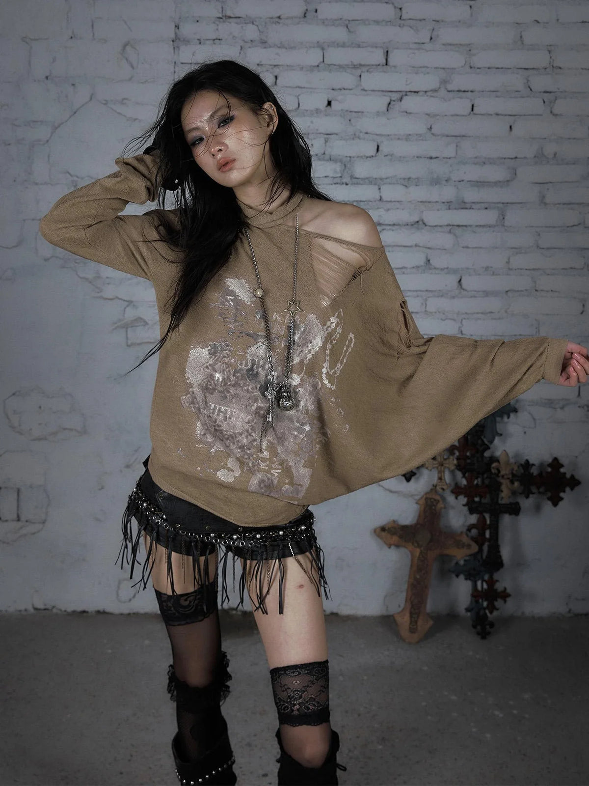 Punk Grunge Royal Print Off-Shoulder Knit Top