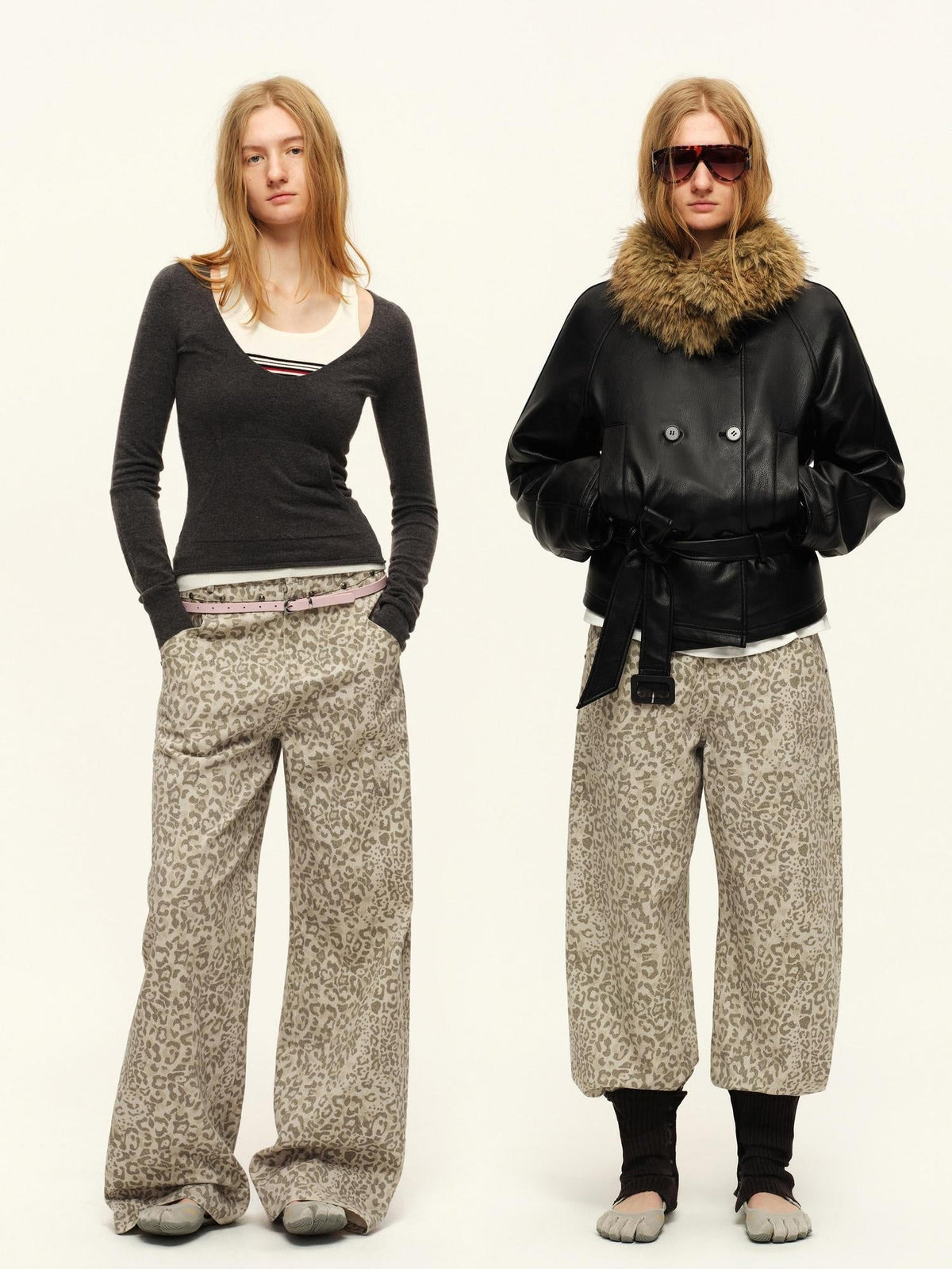 Vintage Leopard Cotton Minimal Asymmetrical Mid Rise Unisex Wide-Leg Pants