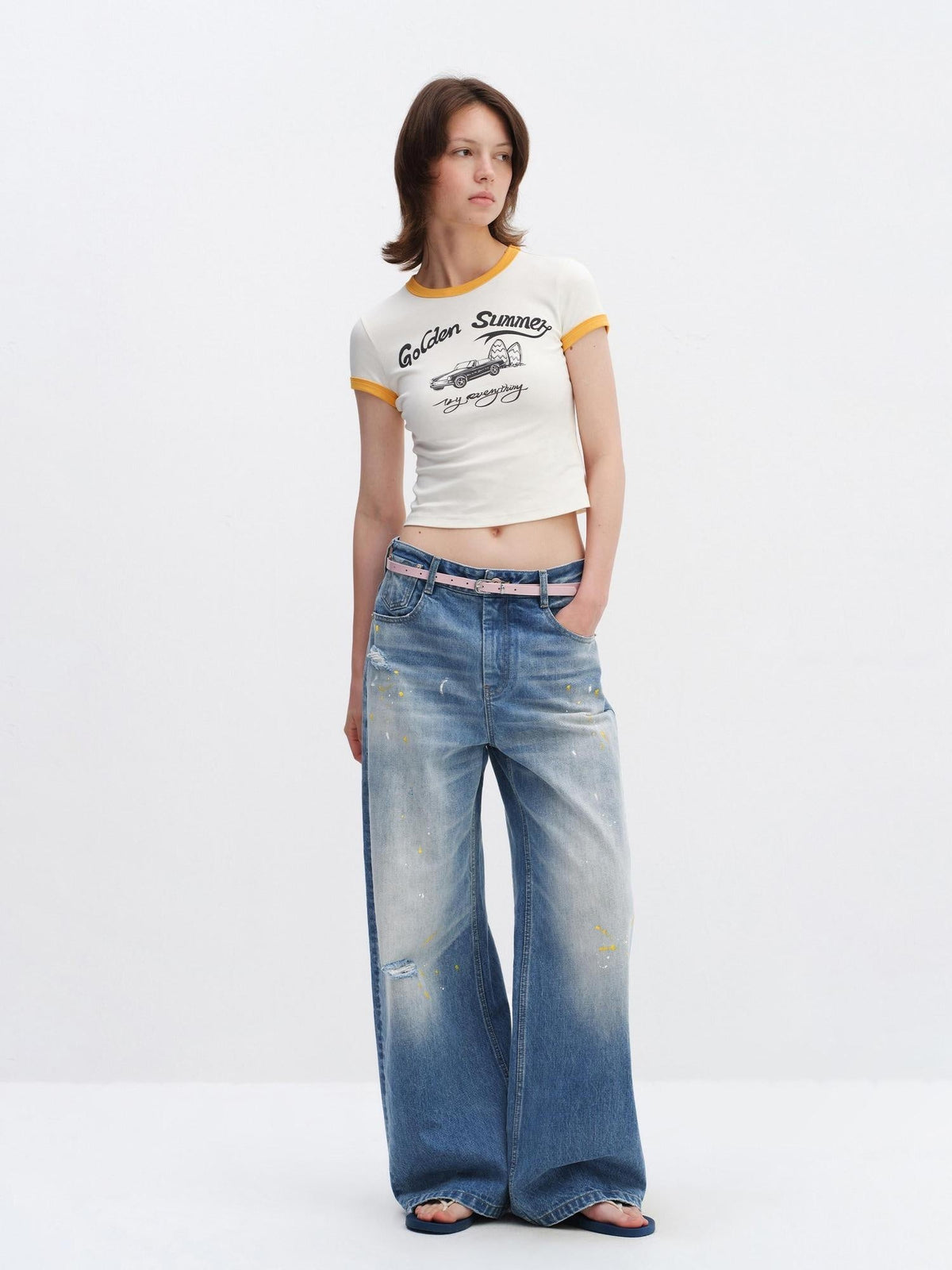 Washed Ripped Paint Splatter Loose Natural Waist Unisex Denim Wide-Leg Jeans