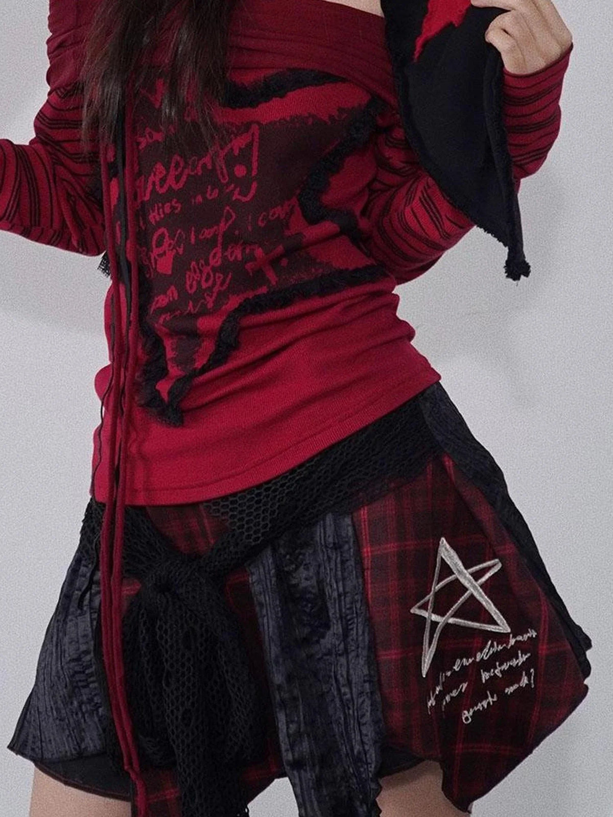 Red Black Asymmetrical Plaid Layered Mini Skirt