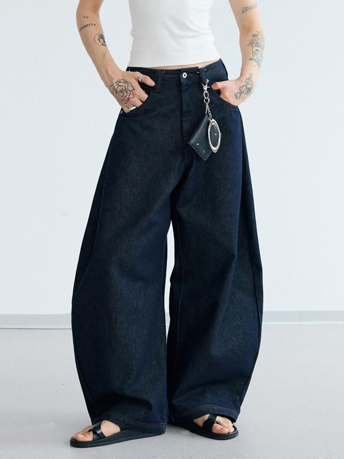 Retro Loose Fit Curved Hem Denim Pants