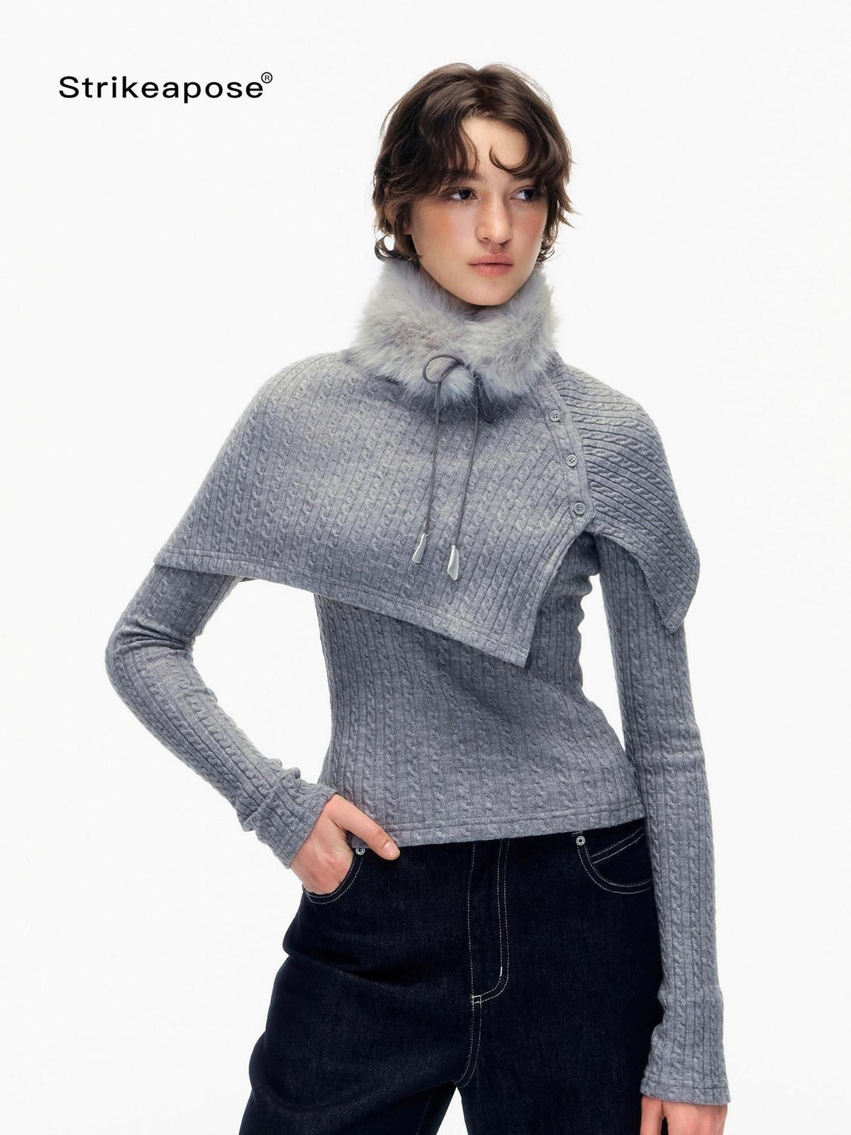 Gray Cable Knit Fur Collar Cape Two Piece Women's Acrylic Blend Sweaters