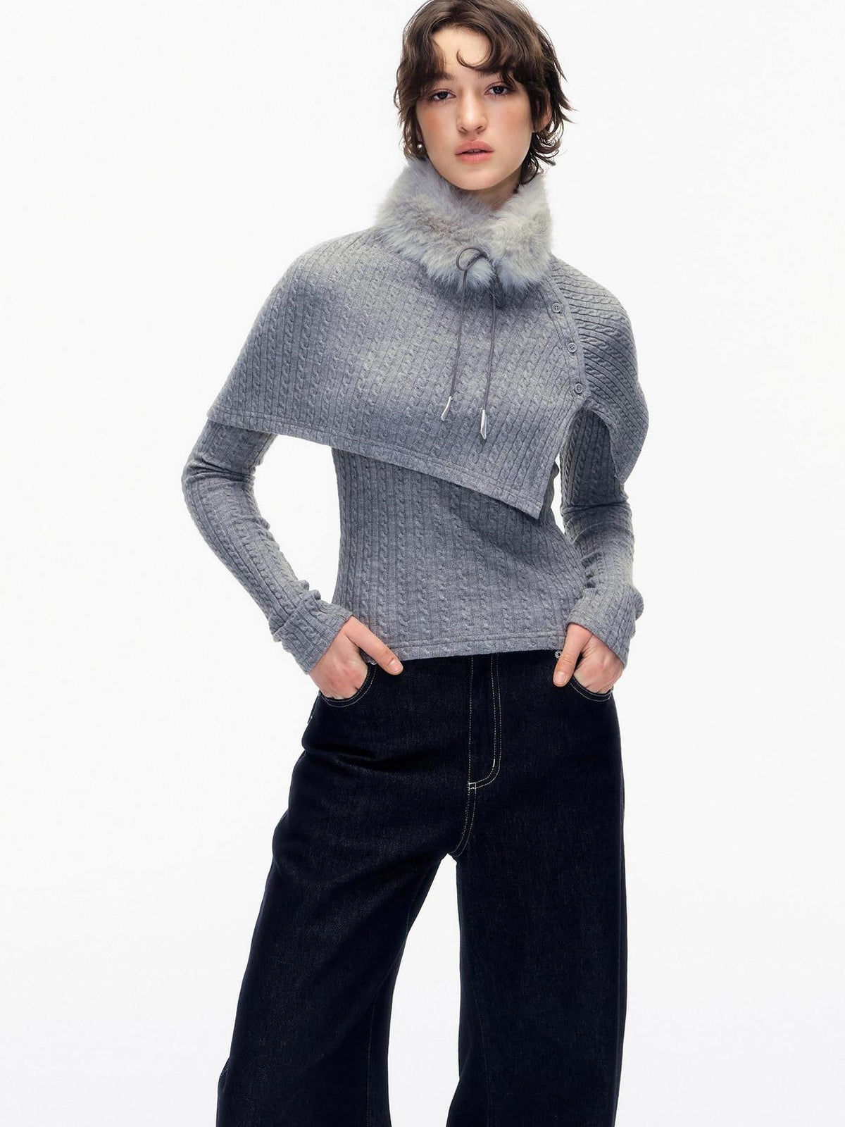 Gray Cable Knit Fur Collar Cape Two Piece Women's Acrylic Blend Sweaters
