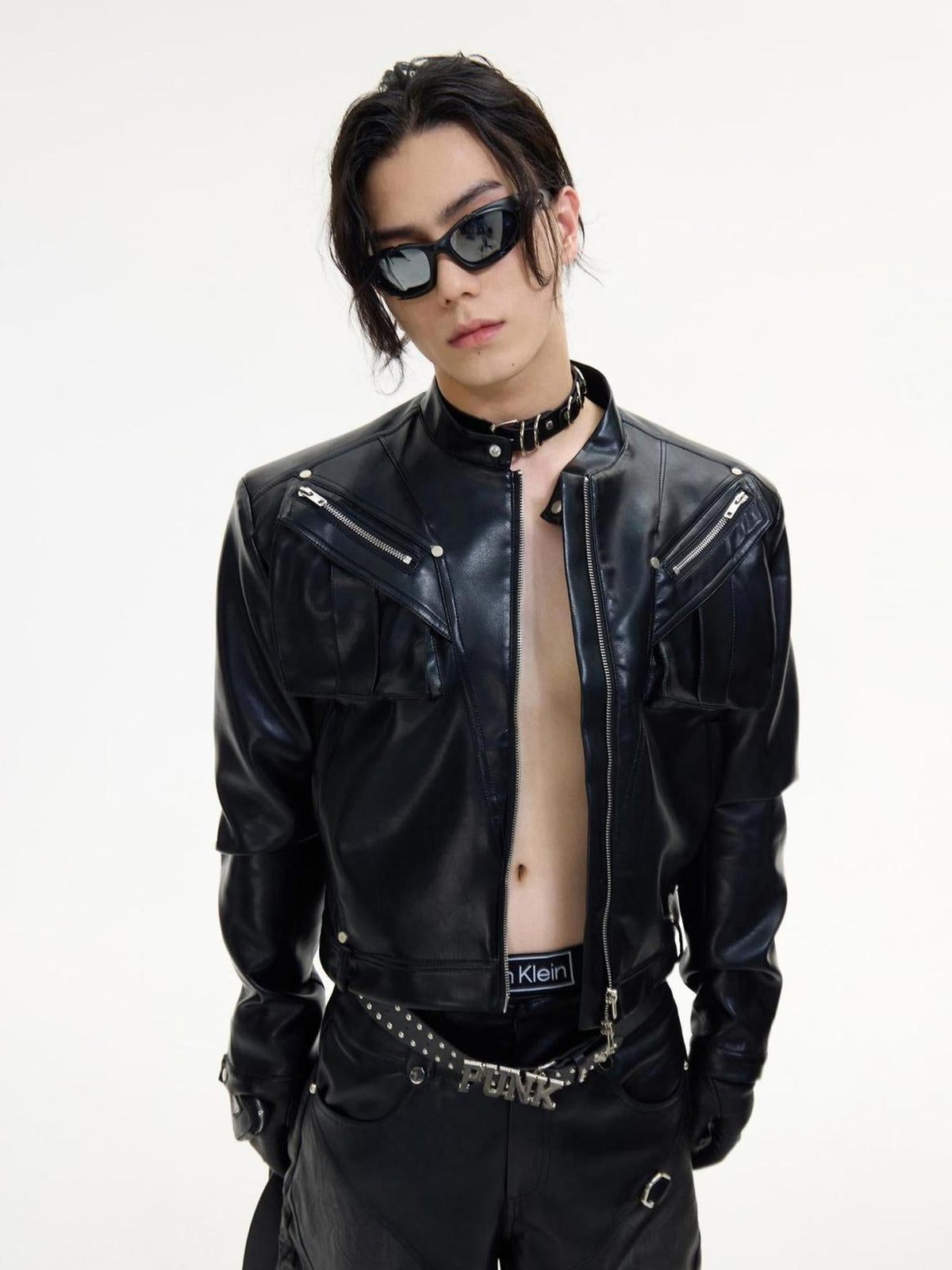 Short Metal Zipper Biker Jacket Slim Fit Unisex Leather Coat