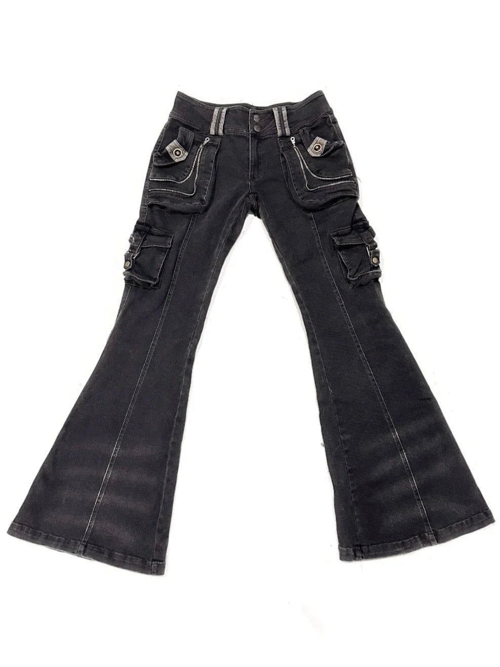 Vintage  Denim Pants Multi Pocket Stretch Cotton Low Rise Grey