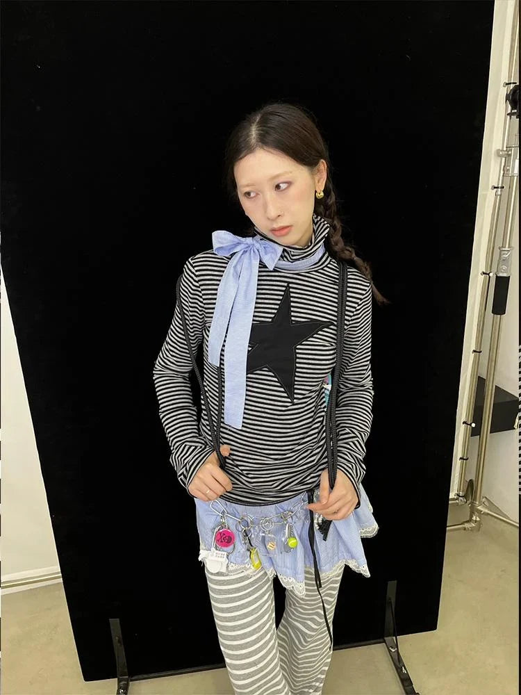 Star Striped Stretchy Knit Long Sleeve T-Shirt