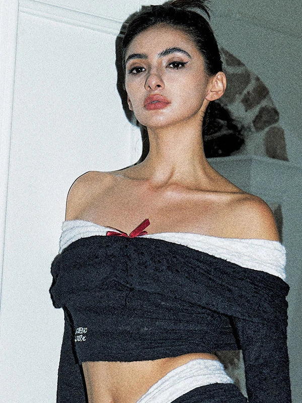 Sexy Black White Lace Contrast Long Dress V Neck Long Sleeve