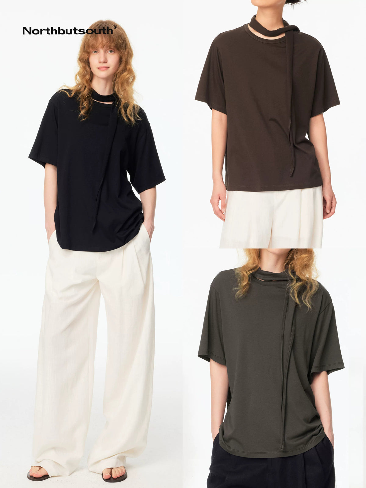 Tri Color Triangle Scarf Tie Loose Women's Cotton Modal Short Sleeve T-shirts