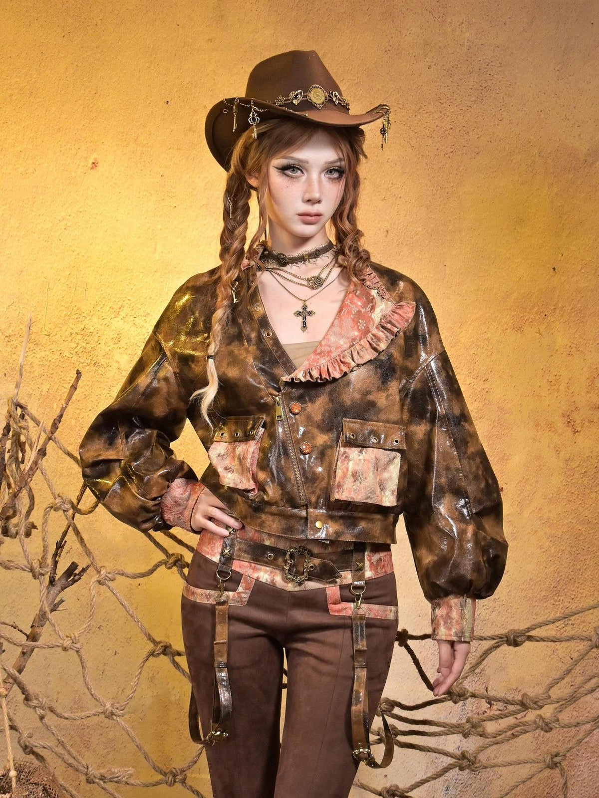Sunken Steampunk Lace Padded Sleeveless Zip Women's Faux Leather Jackets