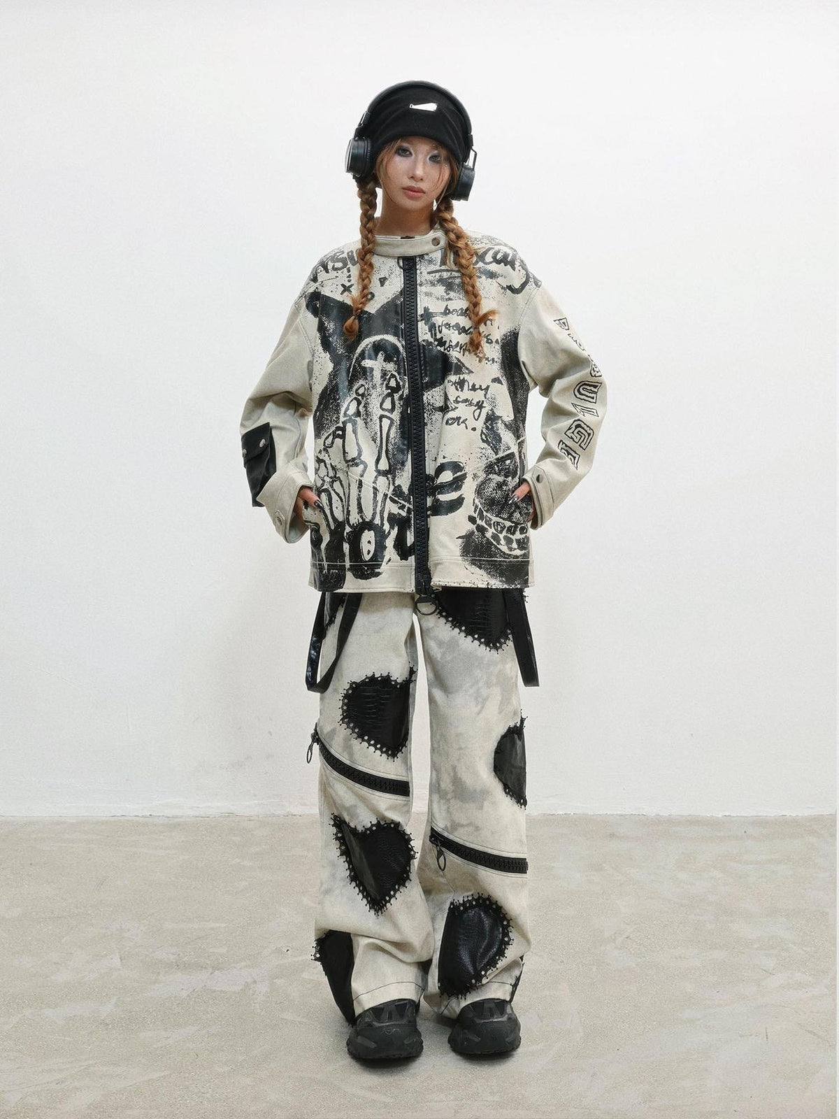 Gray Distressed Printed Biker Punk Stand Collar Zipper Women's Leather Jackets