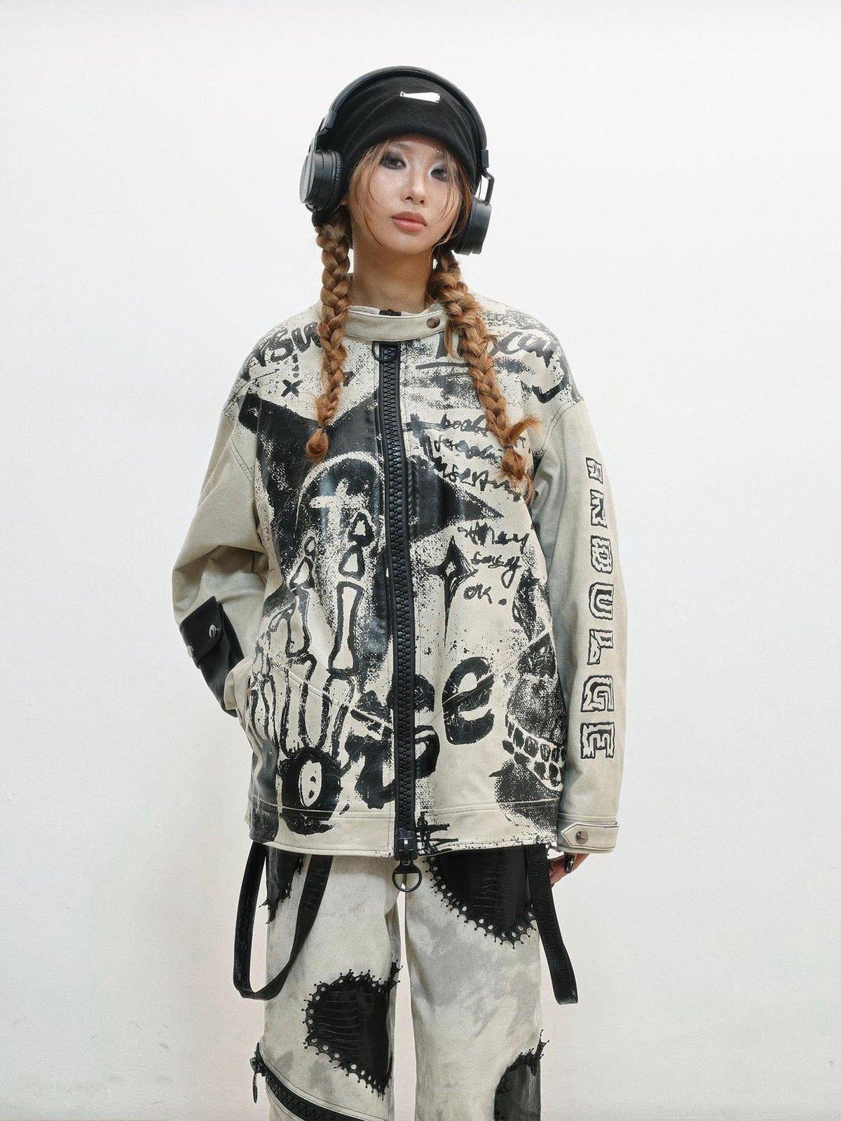 Gray Distressed Printed Biker Punk Stand Collar Zipper Women's Leather Jackets