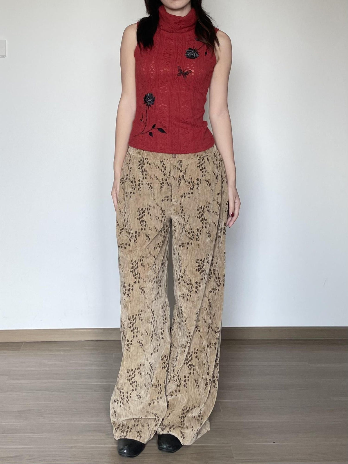 Stretch High Waist Loose Fit Elastic Waist Brown Versatile Wide-Leg Pants