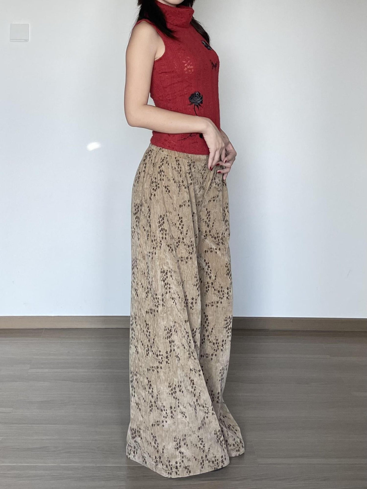 Stretch High Waist Loose Fit Elastic Waist Brown Versatile Wide-Leg Pants
