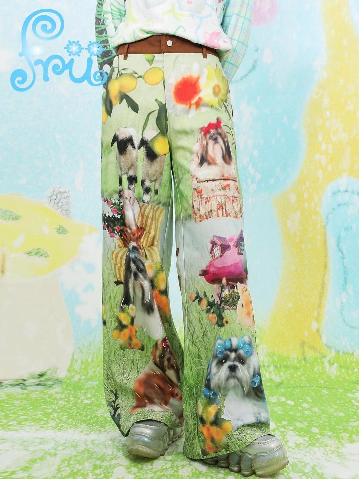 Y2K Green Dog Print Wide Leg Pants