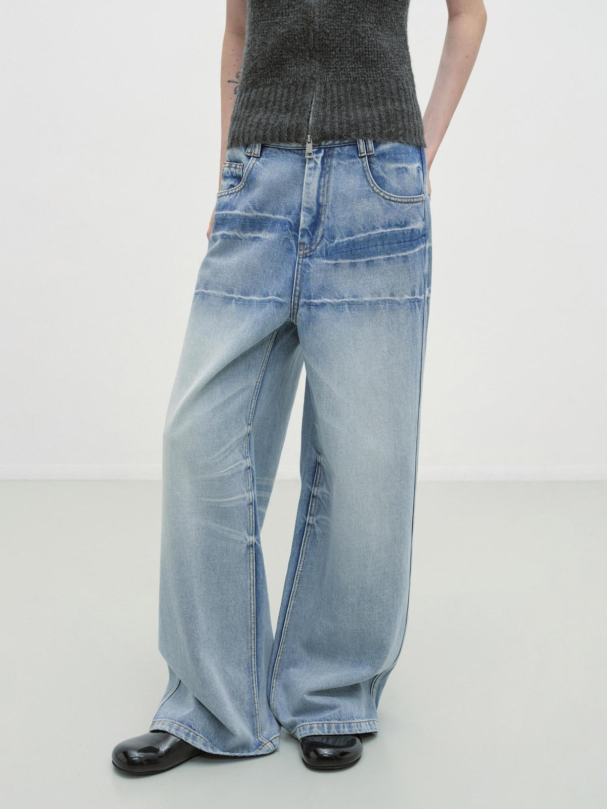 Washed Low Waist Casual Loose Fit Cotton Zipper Women Denim Blue Wide-Leg Jeans