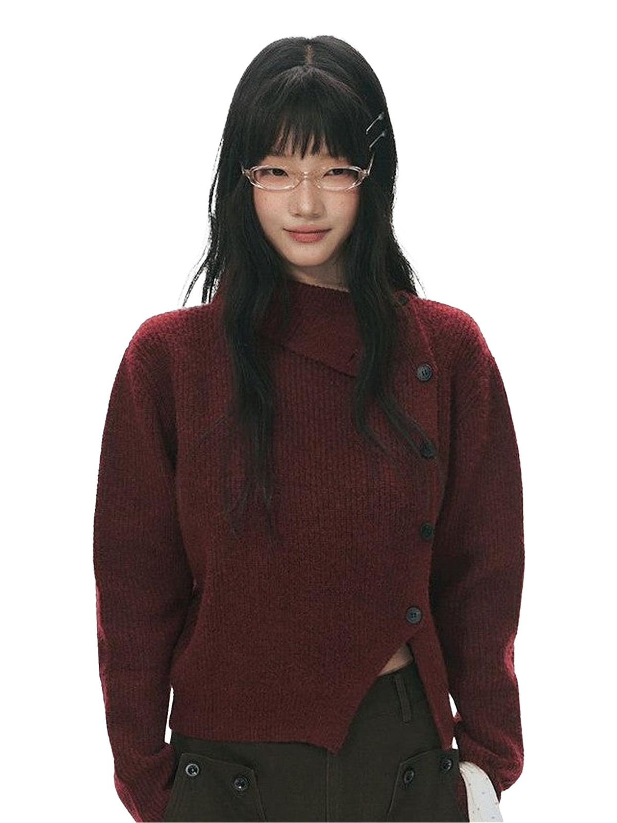 Rust Red Asymmetrical Placket Knit Mock Neck Women'S Polyester Blend Sweaters