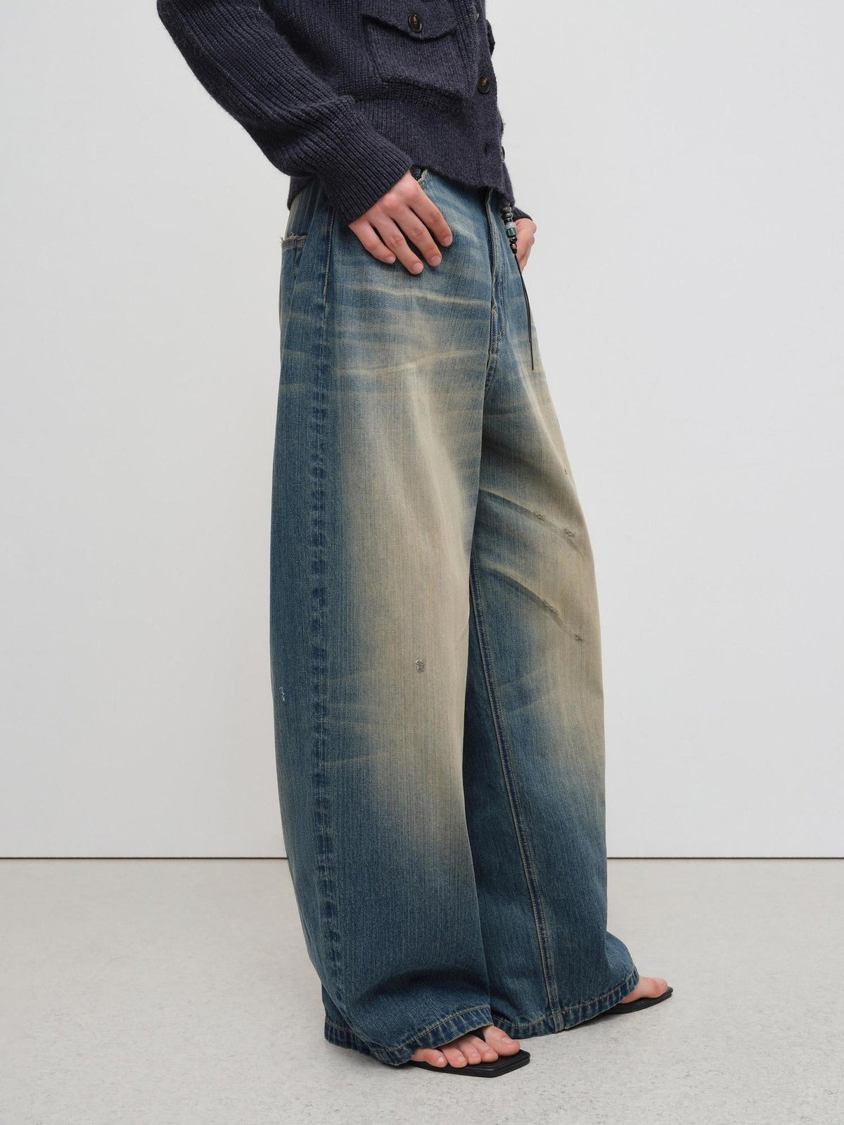 Durable Distressed Vintage Blue Low Rise Wide Leg Casual Denim Straight Jeans