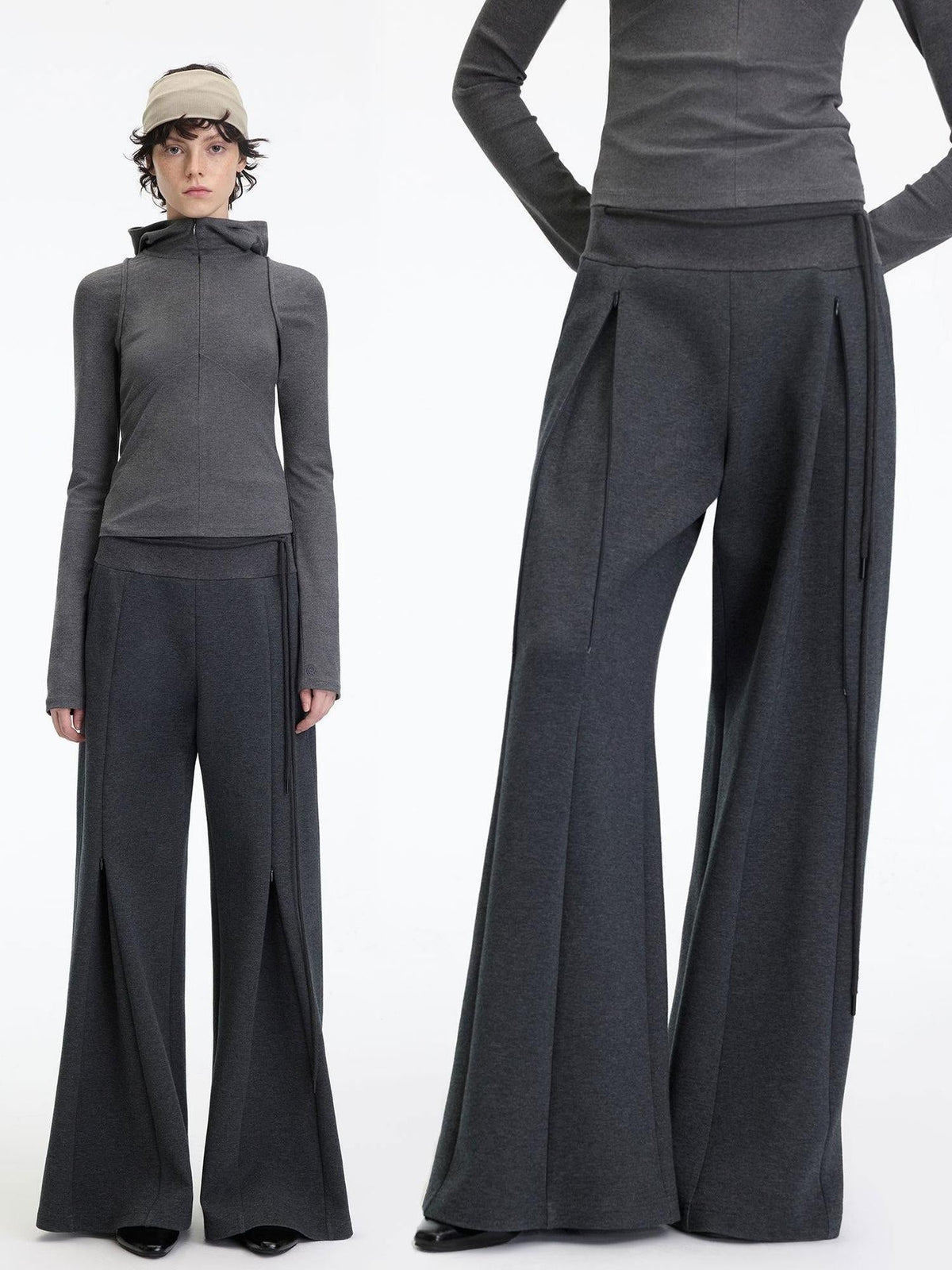 Antibacterial Mid Stretch Zip Casual Mid Rise Heather Gray Wide-Leg Pants