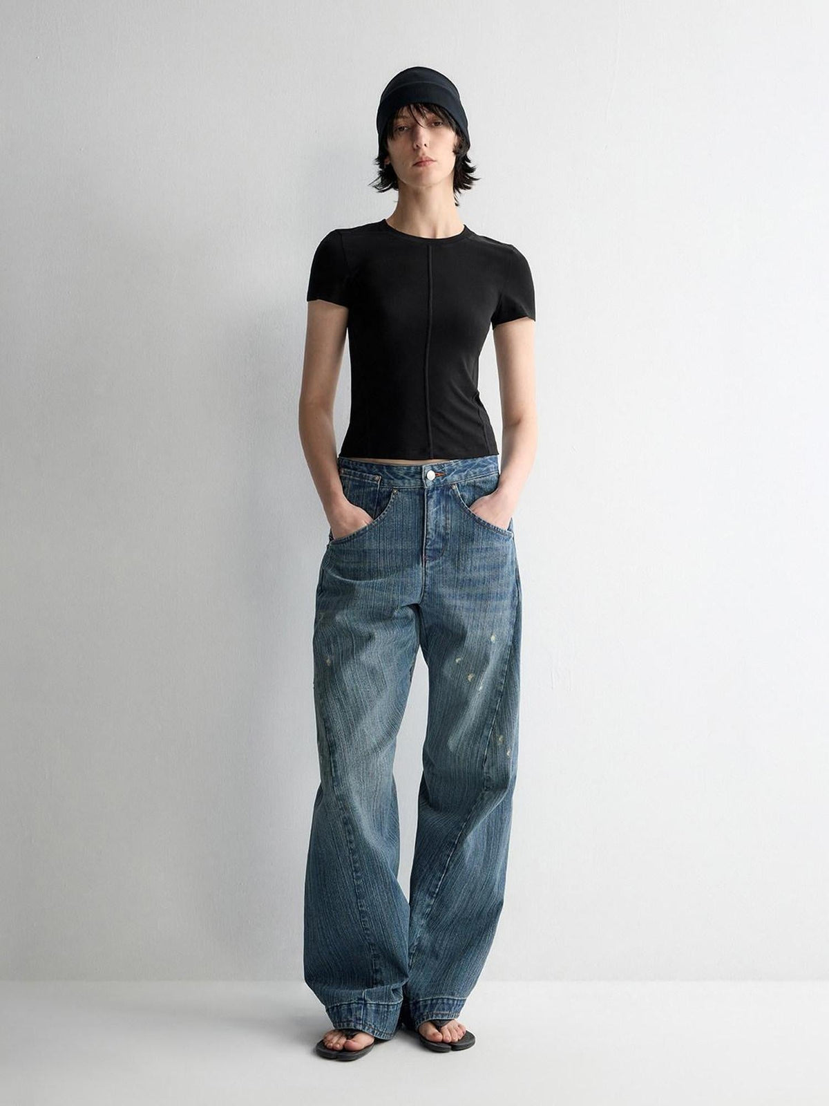 Ripped Washed Durable Low Rise Relaxed Fit Vintage Blue Wide-Leg Jeans