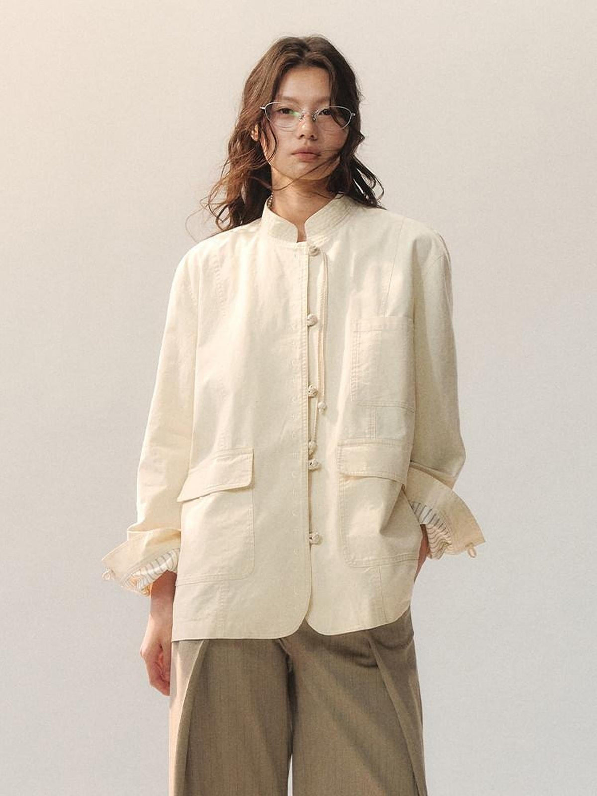 100 Percent Cotton Chinese Loose Fit Women Casual Beige Overshirts