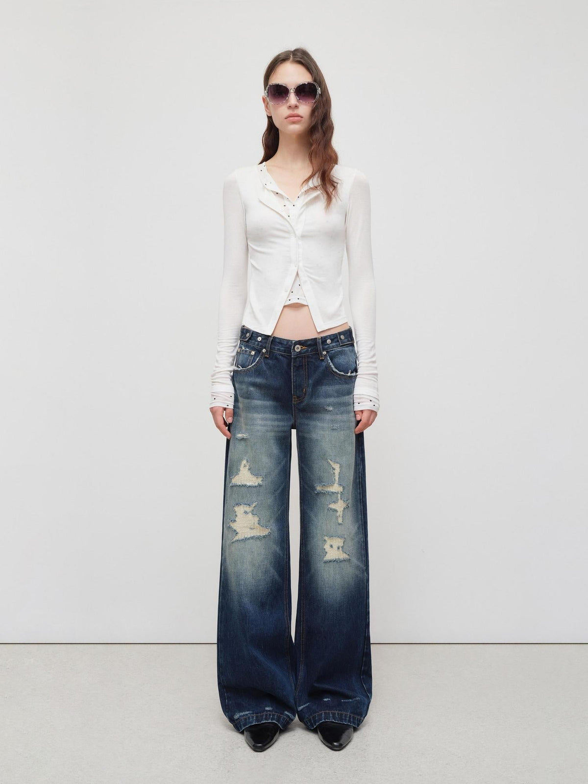 Vintage Distressed Low Rise Ripped Loose Fit Women Cotton Zipper Wide-Leg Jeans