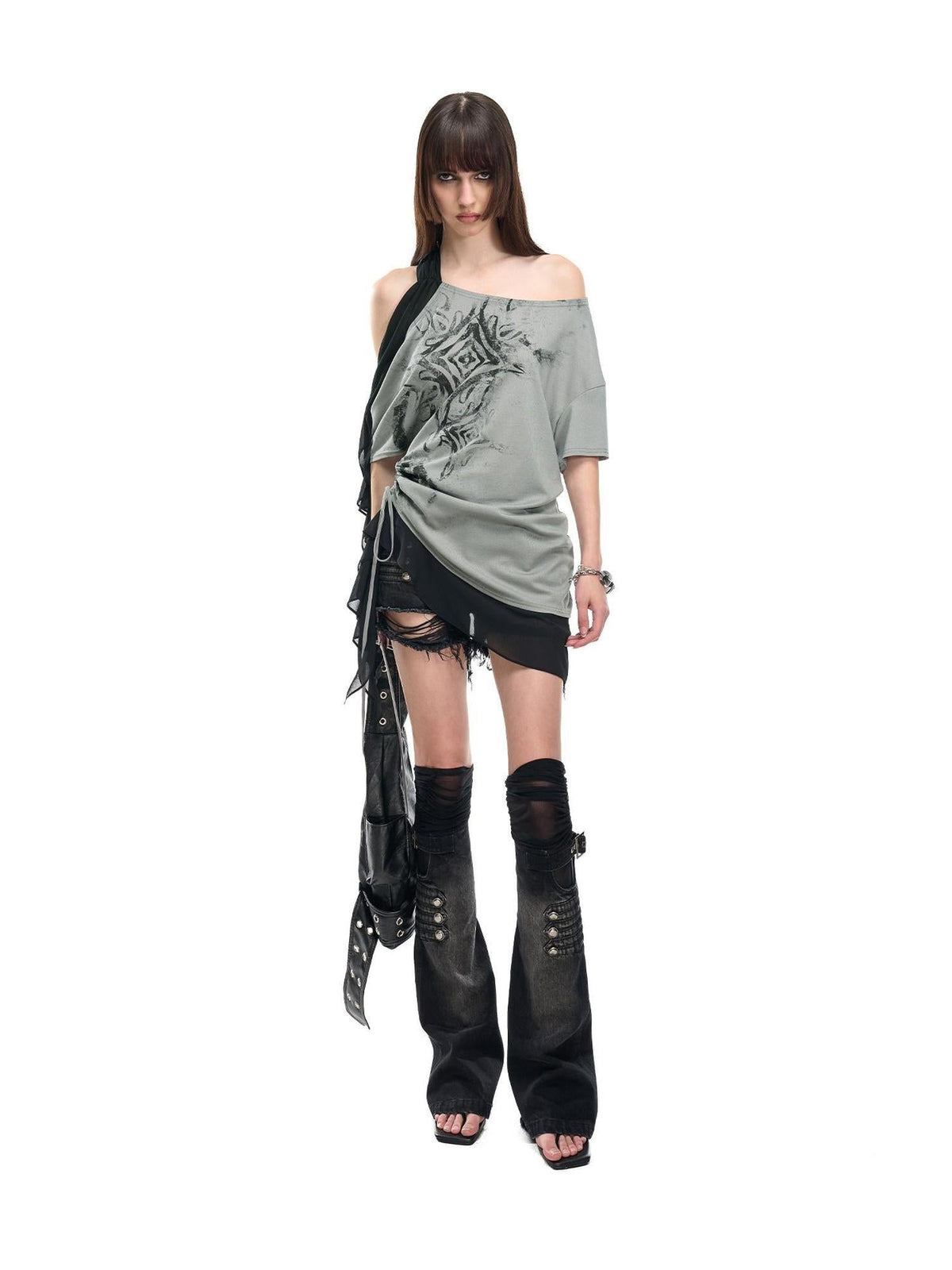 Almond Gray Asymmetric Spliced Ruched Print Women's Lyocell T-shirt