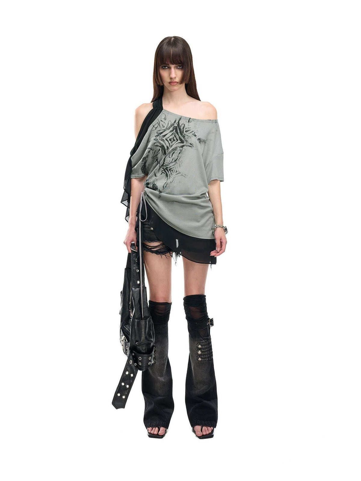 Almond Gray Asymmetric Spliced Ruched Print Women's Lyocell T-shirt