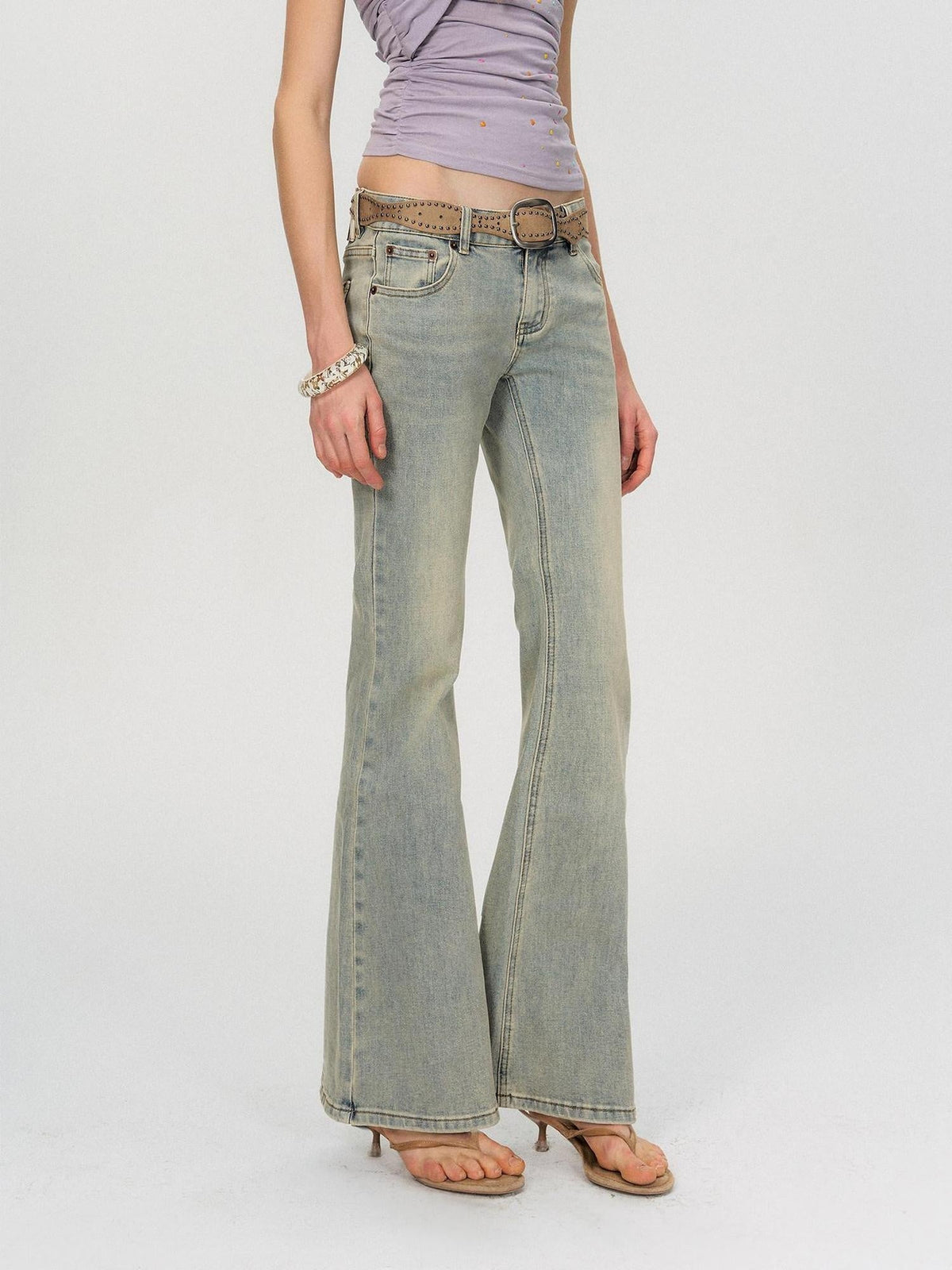 Washed Micro Flare Low Rise Micro Stretch Cotton Blue Green Straight Leg Jeans