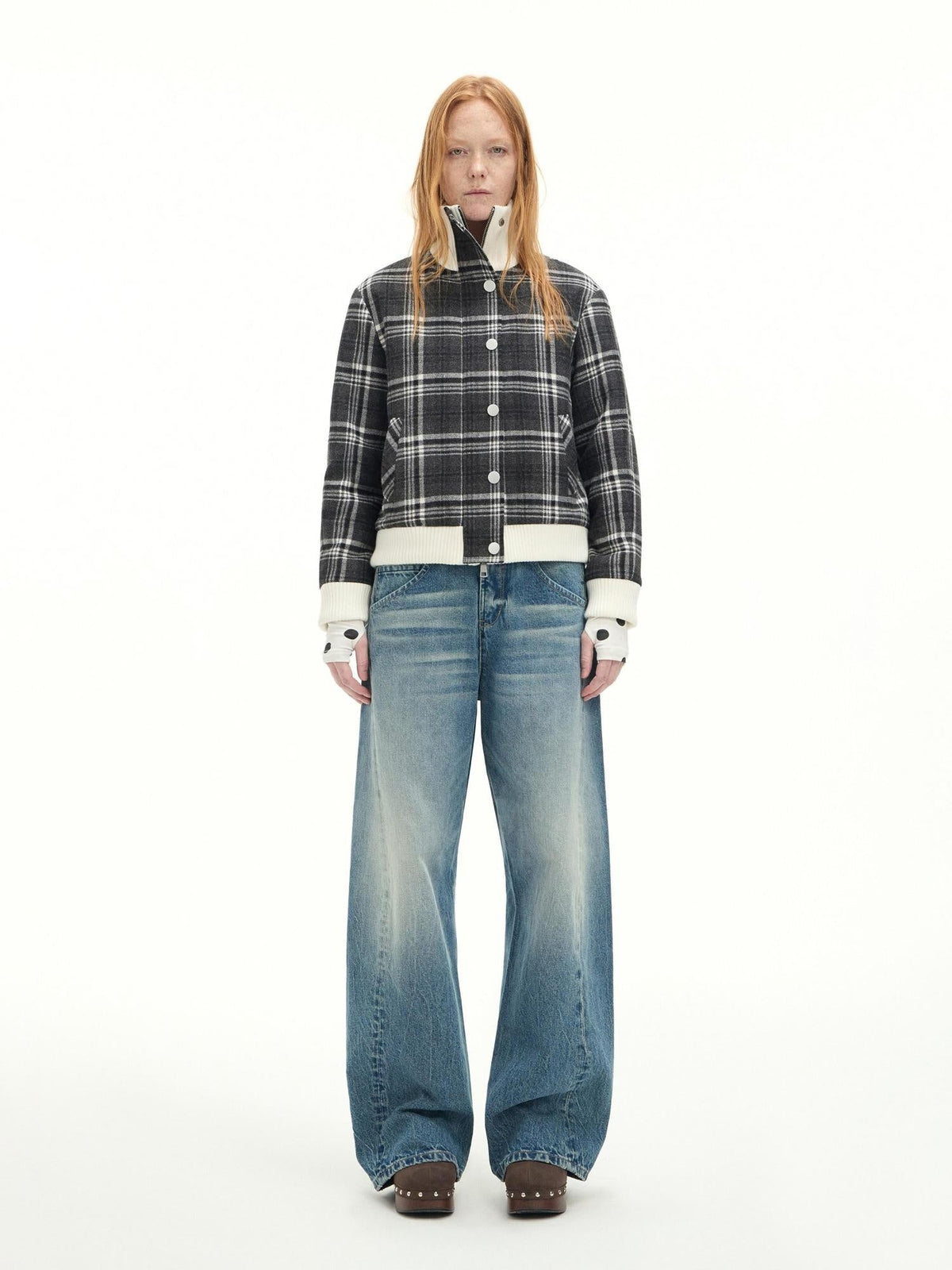 Washed Cotton Casual Natural Waist Topstitch Women Denim Blue Wide-Leg Jeans