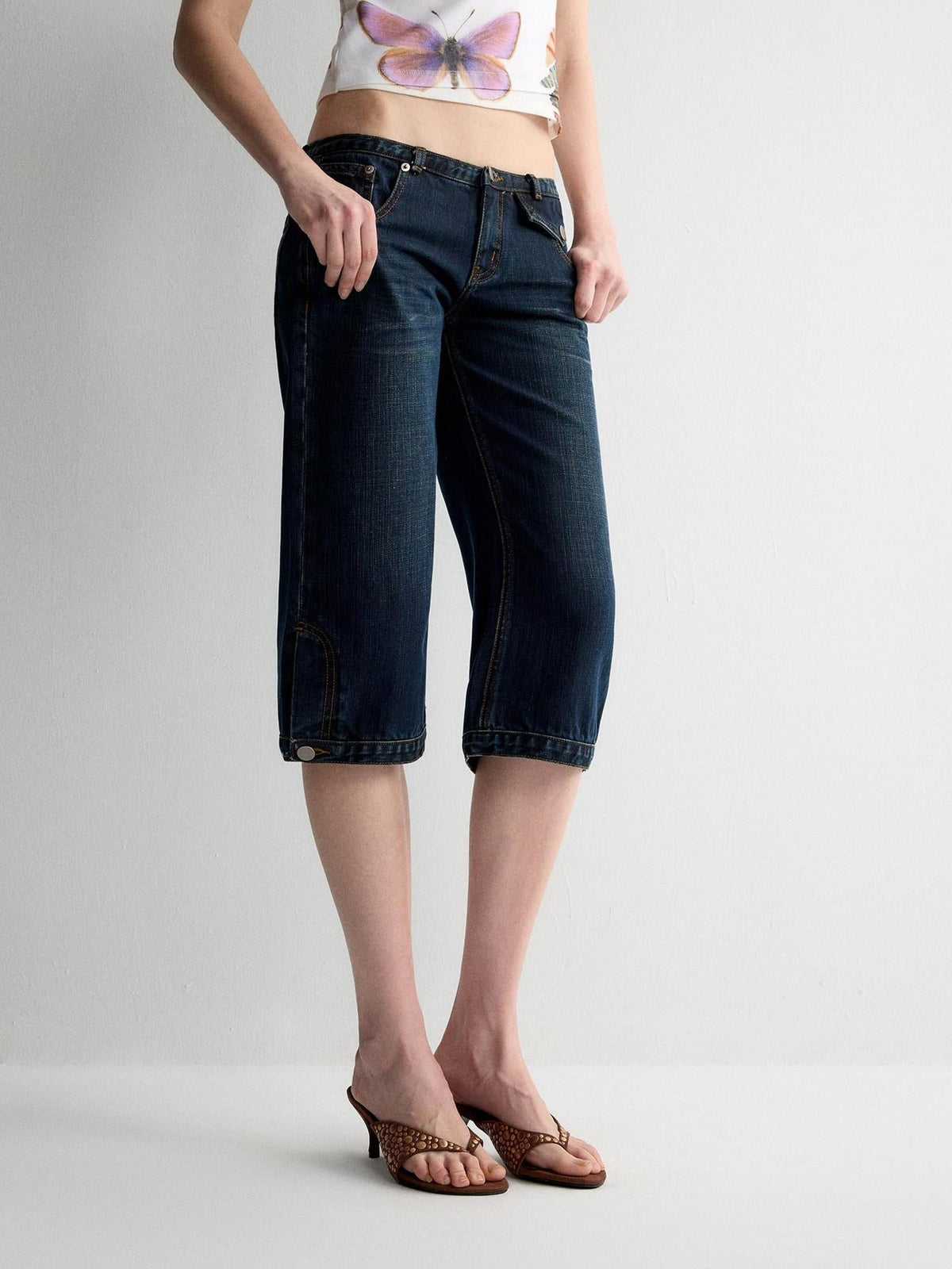 Durable Vintage Deep Blue Casual Low Rise Straight Fit Zipper Denim Shorts