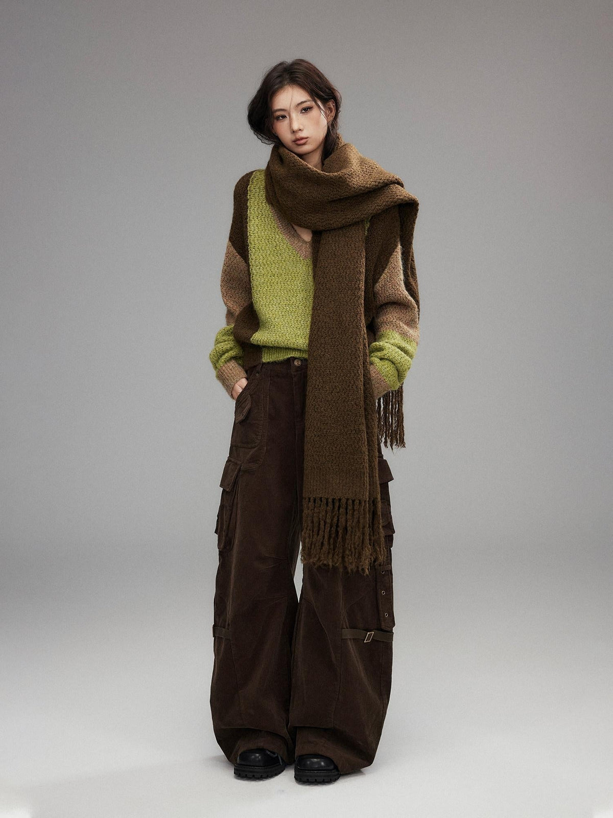 Cozy Acrylic Blend Korean Fringe Women Brown Rectangular Decorative Scarves