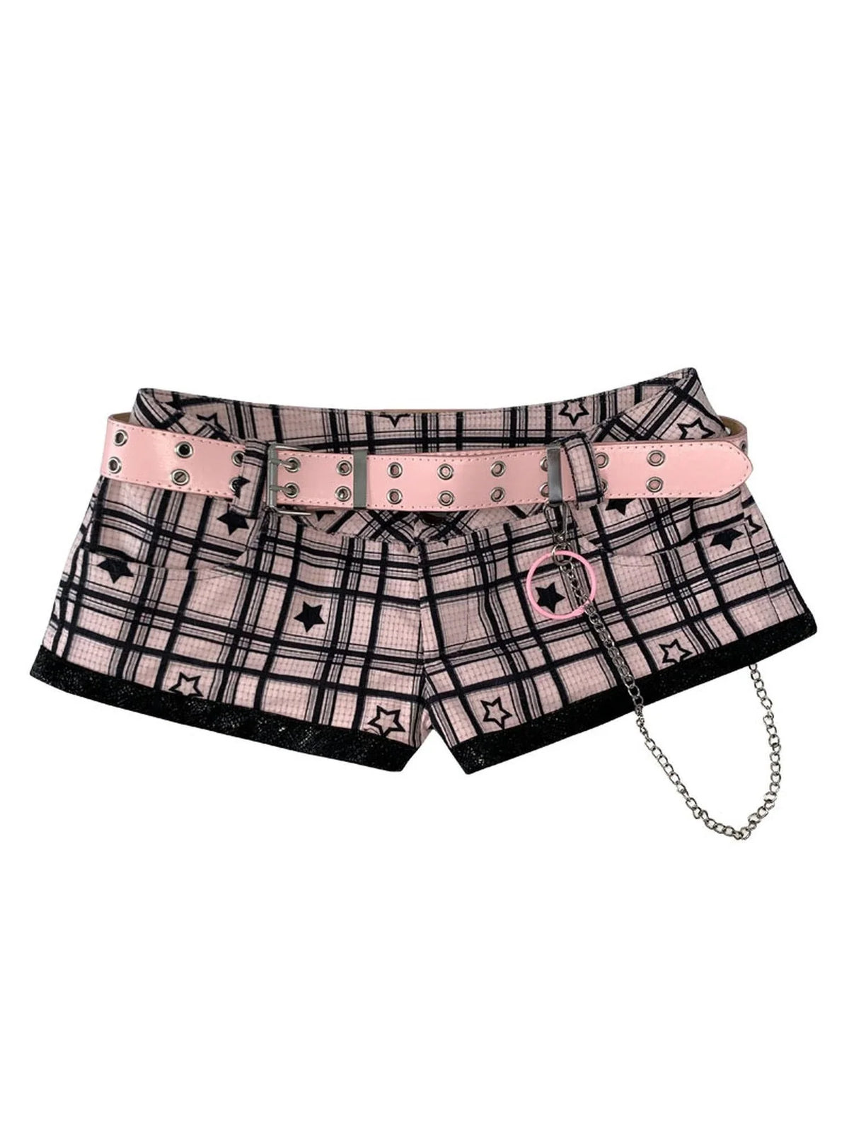 Sexy Asian Girl Black Pink Star Print Ultra Low Rise Shorts