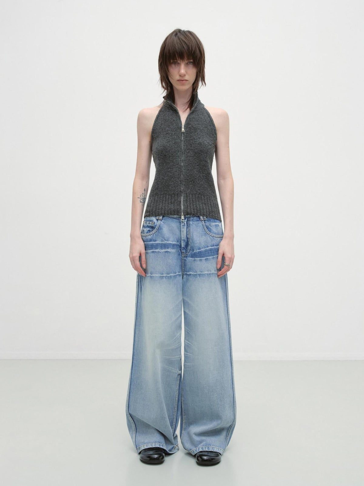 Washed Low Waist Casual Loose Fit Cotton Zipper Women Denim Blue Wide-Leg Jeans
