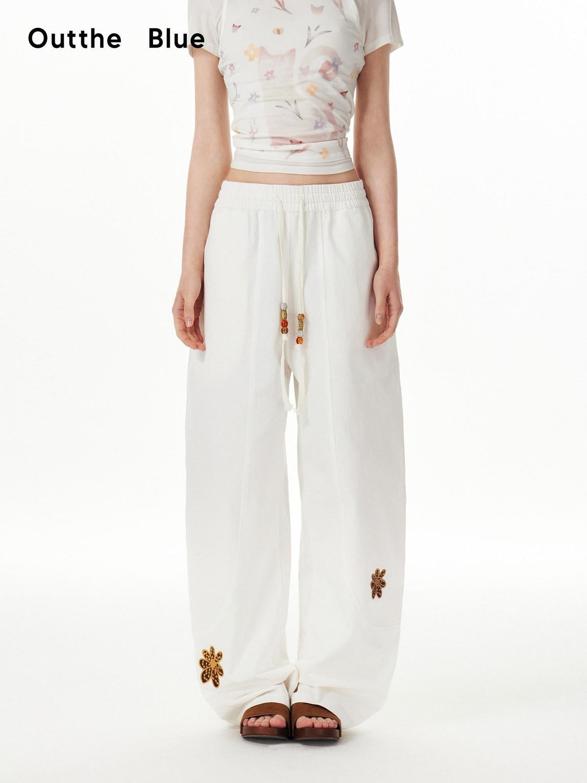 Cotton Drawstring Pockets Natural Waist Workwear Long White Wide Leg Pants