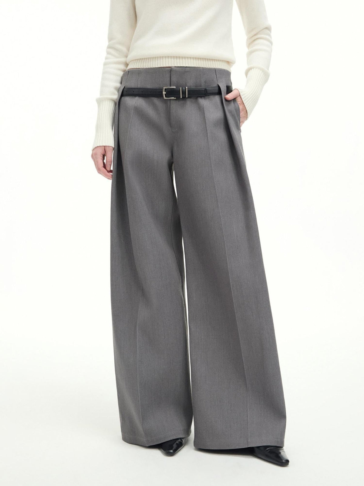 Low Rise Jacquard Minimal Casual Women Light Heather Gray Wide-Leg Pants