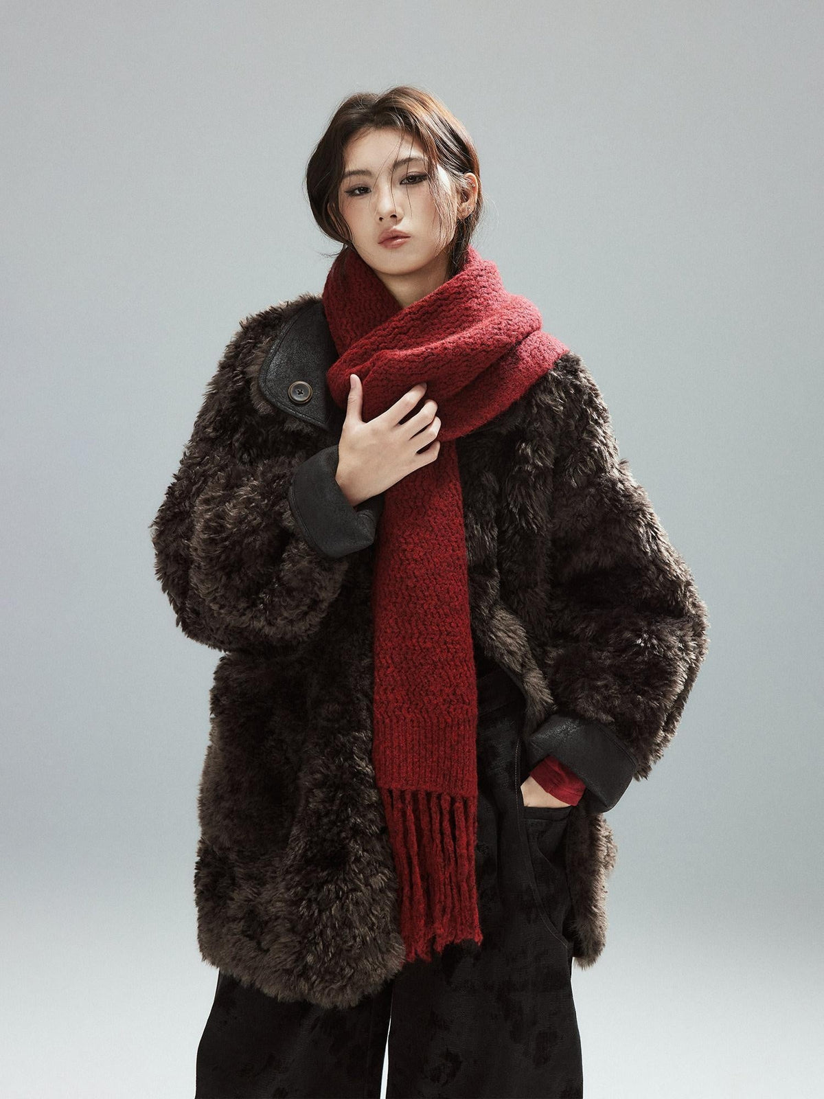Cozy Acrylic Wool Blend Korean Style Unisex Long Solid Red Decorative Scarves