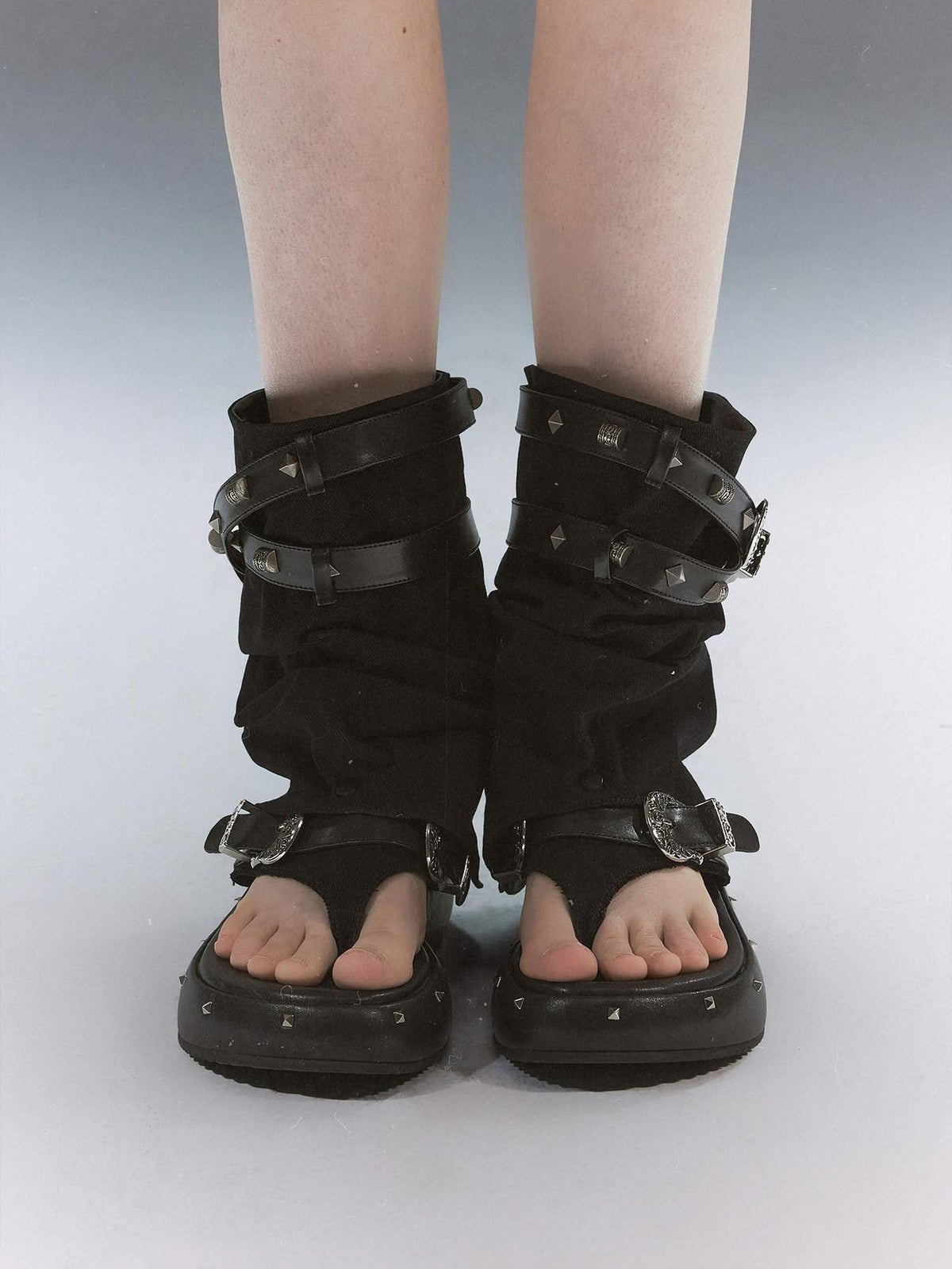 Grunge Punk Studded Dual Strap Detachable Women'S Leather Platform Sandals