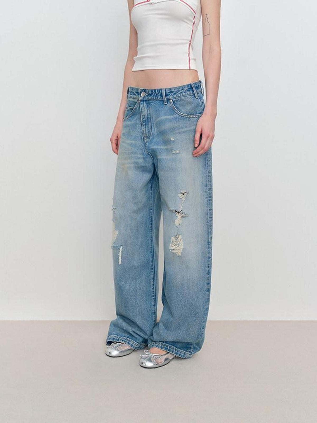 Durable Distressed Low Rise Loose Fit Casual Light Blue Denim Wide-Leg Jeans