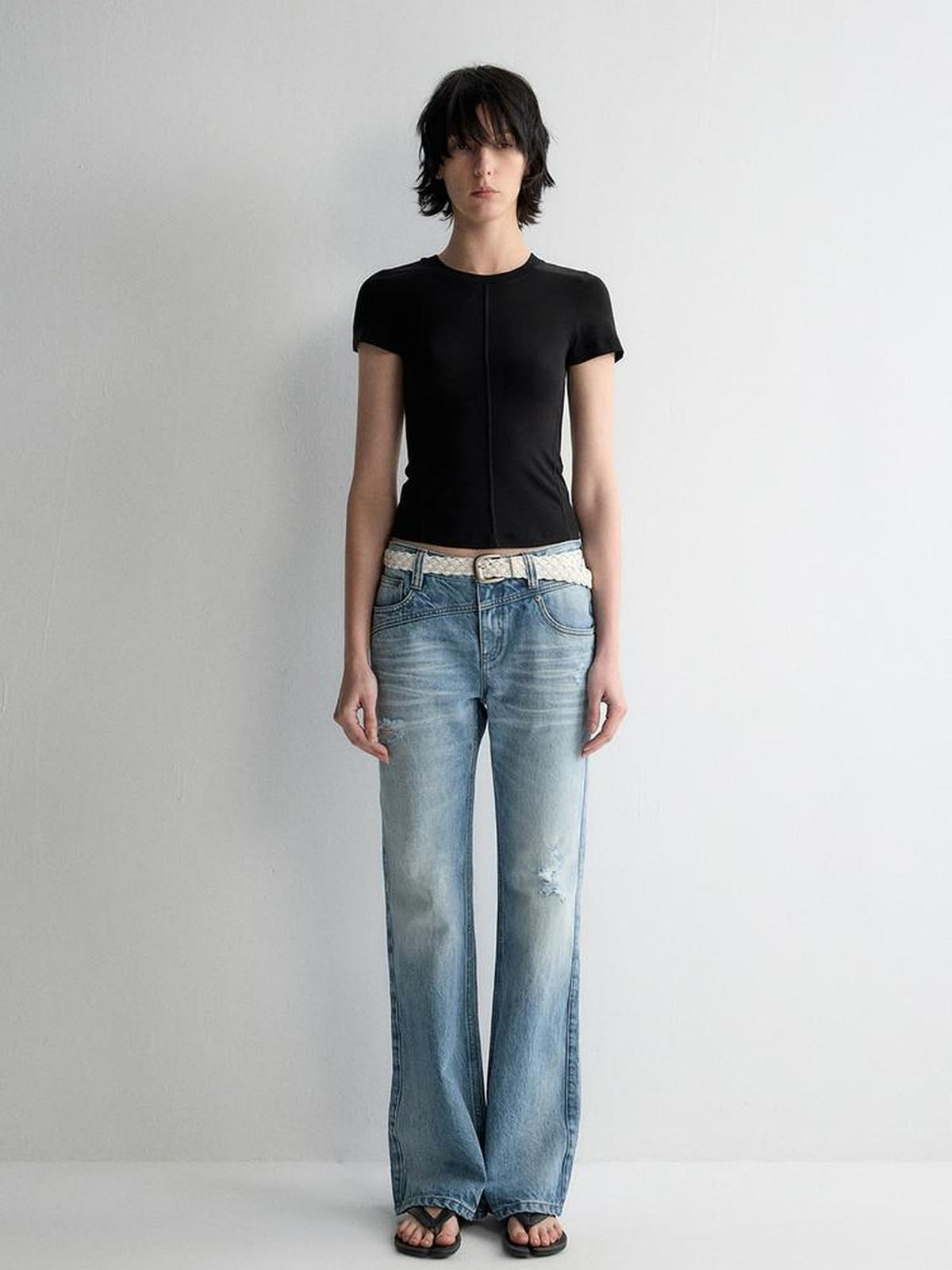 Ripped Low Rise Wide Leg Casual Loose Fit Vintage Ice Blue Denim Straight Jeans