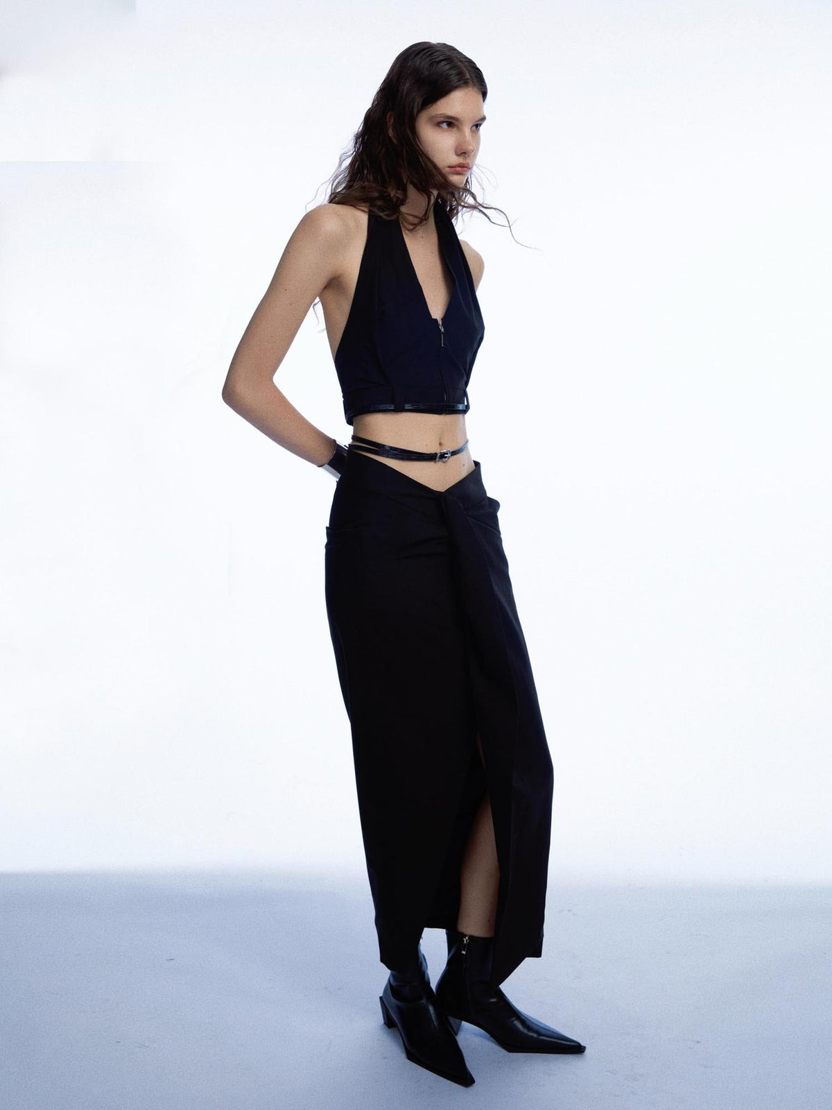 Adjustable Belted Asymmetrical Slit Maxi Skirt